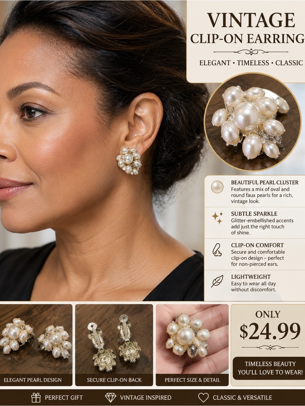 Vintage Pearl Cluster Clip-On Earrings - Gold Tone